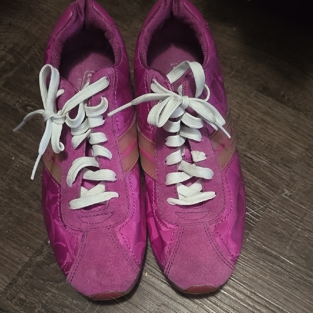 Vibrant Pink and White Sneakers with Suede-like Finish